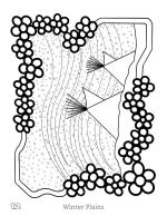 A coloring page titled 'Winter Plains' featuring Cree-inspired designs with tipis, flowers, and a snowy landscape.