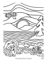 A coloring page titled 'Chasing the Sunset' featuring a bear, cubs, and a bird in an intricate Coast Salish design.