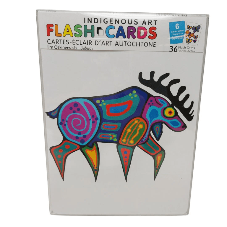 Indigenous Art Flash Cards featuring vibrant Ojibway art of a colorful moose design by Jim Oskineegish.