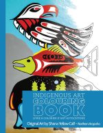 Front cover of the Indigenous Art Coloring Book featuring a bold eagle and fish design by Shana Yellow Calf.